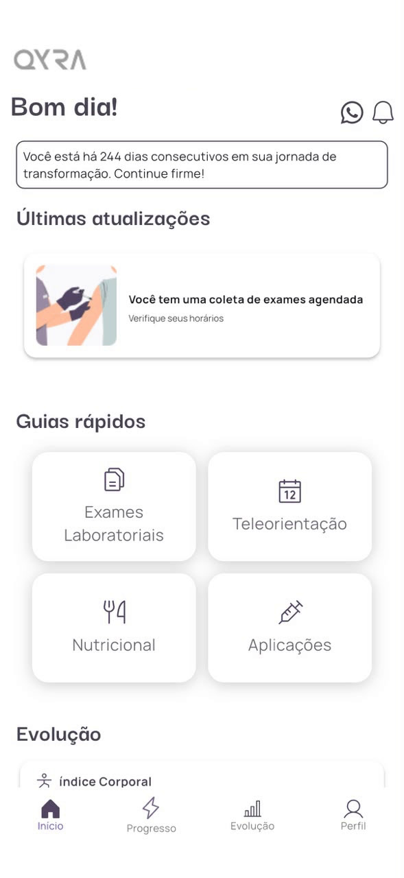Tela inicial do app da Qyra: últimas atualizações, guias rápidos (exames, teleorientação, nutricional, aplicações) e evolução